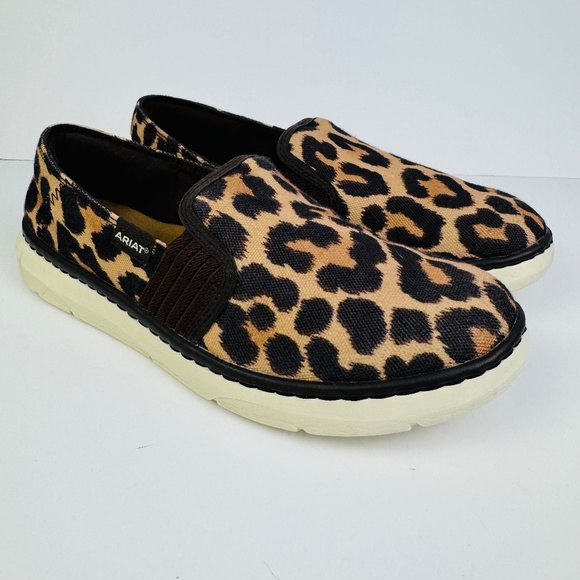 Ariat Ryder Brown Canvas Leopard Print Slip On Shoes Flats Womens Size 9.5 B - Picture 1 of 10